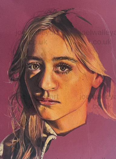 The Eyes Have It Portrait of a young woman with long hair, set against a pink background.