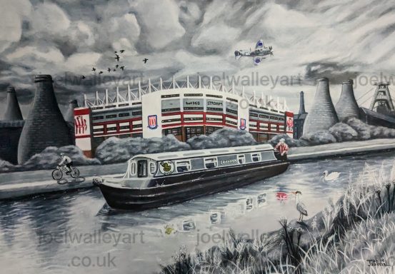 Ay Up Duck Canal scene with a narrowboat and a stadium in a monochrome landscape.