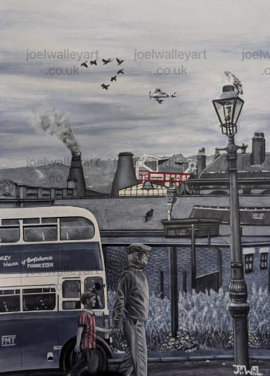 Days Gone By A cityscape featuring a vintage bus, chimneyed factories, and a character watching the sky.