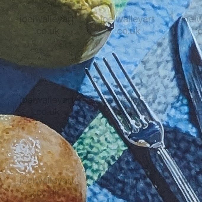 A lemon, an orange, a fork and spoon in a detailed drawing of citrus fruit on blue textured surface.