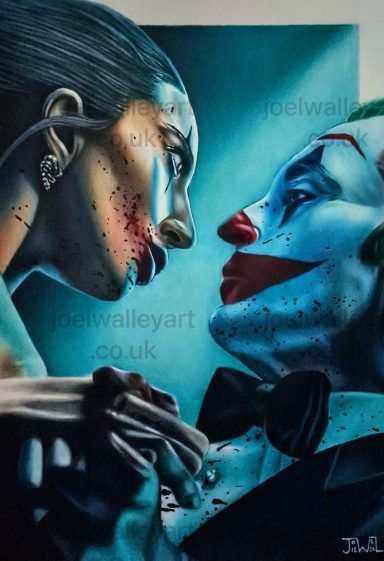 Harley and Joker Reproduction A woman and a clown face each other, evoking tension with dramatic expressions.