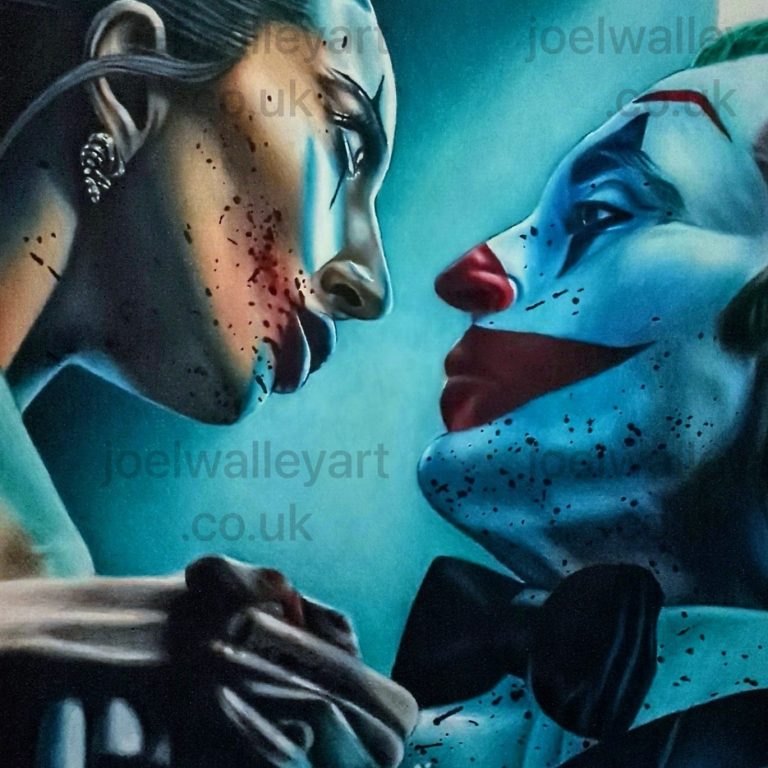 Close-up of a fierce confrontation between Harley and The Joker with a dramatic expression.