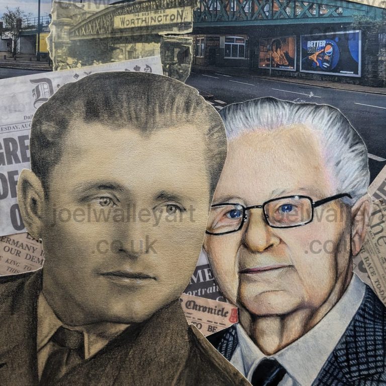 Portrait of a young man through to his old age, in vintage attire, set against a backdrop of old newspaper headlines.