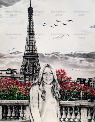Happy In Paris A young woman in front of the Eiffel Tower, surrounded by flowers and a cloudy sky.