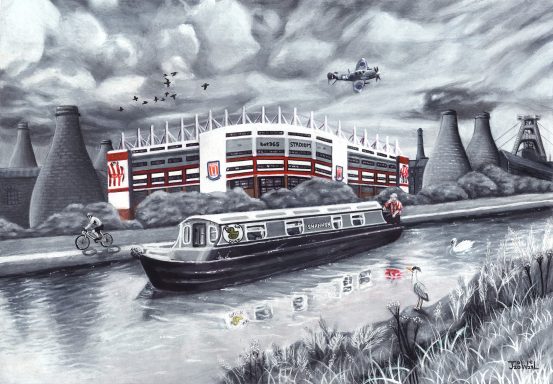 A Barge slowly moving past a football ground and historical bottle kilns.