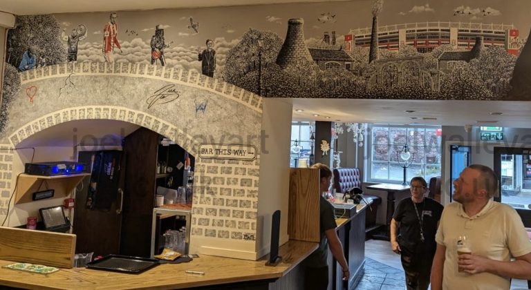 Interior of a bar in Stoke featuring a unique Mural displaying the features and characters from the area.
