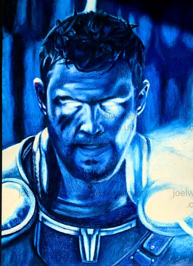 Thor Reproduction A muscular man with short dark hair, glowing blue eyes, and a serious expression.