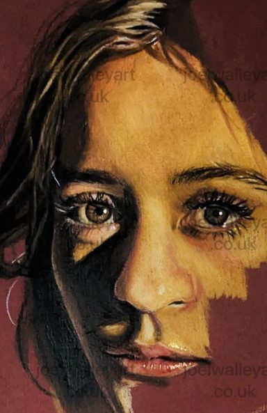 A close-up of a young woman's face with detailed features and expressive eyes.