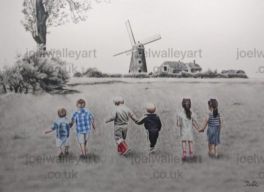 Childhood Memories in the Country Children holding hands walking towards a windmill in a landscape.