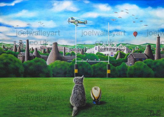 A Dogs View A cat sitting on a field, gazing at a rugby ball and an aerial view of a town.