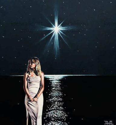 Moonlight Princess. A woman in a white dress stands by the sea under a starry night sky.