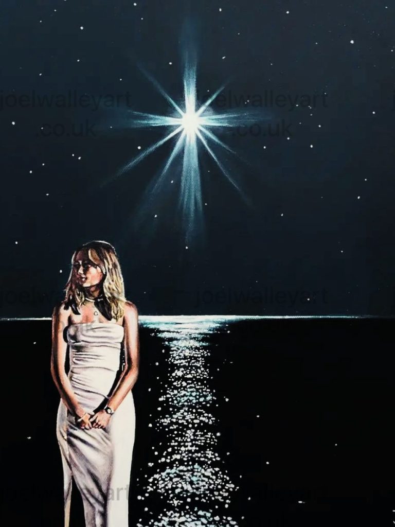 A woman in a flowing dress stands by a shimmering water surface under a starry night sky.